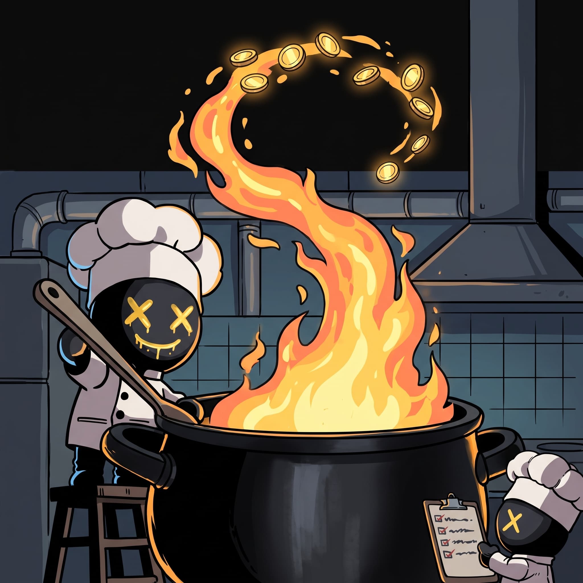 A CookHouse chef stirring a cauldron of flaming gold coins